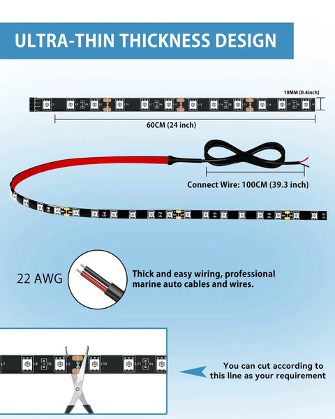 Diagram of 12V White LED Light Strip Kit showing ultra-thin design, 24-inch extendable to 48-inch, with cutting instructions.