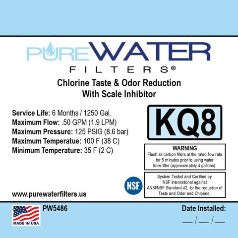 Replacement Water Filter Cartridge KQ8 PW5486 information label with specs and NSF certification details
