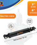 Beefy Heavy Duty Double Acting Tie Rod Hydraulic Cylinder, 2 In Bore, 6 In Stroke, 1.125 In Rod, 16.25 In Retracted, 22.25 In Extended, 2500 PSI, Three Eighth Inch NPT Ports, 1 In Pin Holes, Industrial Grade retracted view