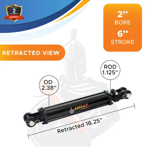 Beefy Heavy Duty Double Acting Tie Rod Hydraulic Cylinder, 2 In Bore, 6 In Stroke, 1.125 In Rod, 16.25 In Retracted, 22.25 In Extended, 2500 PSI, Three Eighth Inch NPT Ports, 1 In Pin Holes, Industrial Grade retracted view