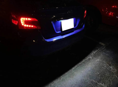 OEM-Fit 3W Full LED License Plate Light Kit Direct Fit For Scion FR-S Toyota 86 Subaru BRZ shown installed at night