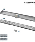 Brushed Stainless Steel 18 Inch Linear Shower Drain With 2 Inch Outlet, components including base, siphon, grate, and lift hook.
