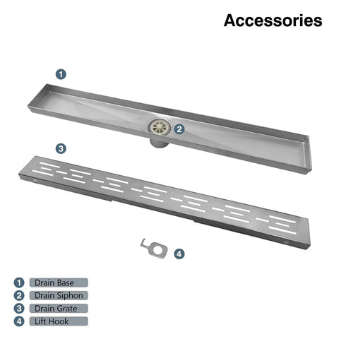 Brushed Stainless Steel 18 Inch Linear Shower Drain With 2 Inch Outlet, components including base, siphon, grate, and lift hook.