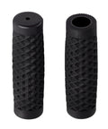 Black bike handlebar grips, textured, 125mm length, shown upright for seven eighths inch bar on BMX cruiser bikes.