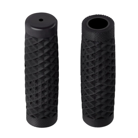 Black bike handlebar grips, textured, 125mm length, shown upright for seven eighths inch bar on BMX cruiser bikes.