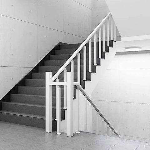 Adjustable 270 Degree Floor Mount Stair Railing With Square Metal Spindles White Banister Post for modern indoor stairway.