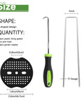 6 Inch 11 Gauge Galvanized Garden Stakes Kit with 50 Landscape Staples, 50 Fixing Gaskets, and 1 Pick Hook for multiple uses.