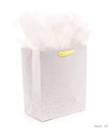 Medium Baby Gift Bag With Tissue Paper, Baby Banner With Foil Accents On Silver Dots, Pink Blue Grey Theme, Yellow Ribbon Handle, Includes Two White Tissue Sheets