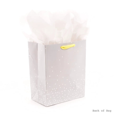 Medium Baby Gift Bag With Tissue Paper, Baby Banner With Foil Accents On Silver Dots, Pink Blue Grey Theme, Yellow Ribbon Handle, Includes Two White Tissue Sheets