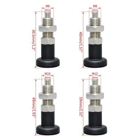 Slick Stainless Steel Locking Indexing Pin With Spring Loaded Knurled Knob for precise jigs in different sizes: M6, M8, M10, M12.