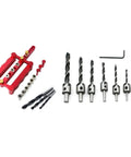 Solid Shop Countersink Drill Bits And Doweling Jig Kit With 3 To 10mm Chamfer Reamer Tools And Accuracy Guides in red and silver.