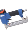 Pro Grade Pneumatic Brad Nailer Tool For Precision Woodworking And Carpentry With Jam Free Operation Comfortable Grip and Rock Solid Alloy Build For Serious Shop Grind Days, blue handle and silver frame.