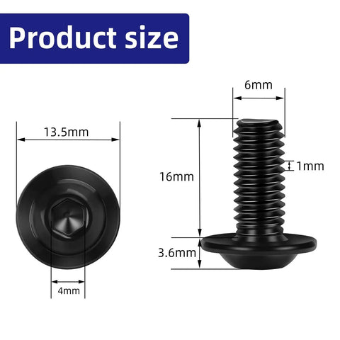 25 Pack M6 X 16mm Flange Button Head Screws Black 304 Stainless Steel With Hex Key size dimensions diagram