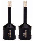 Front view of two 1/4 in dry diamond core drill bits with diamond-coated tips for tile and stone.