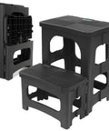 Foldable 2 Step Stool for Adults and Kids Non Slip Portable Grab And Go Stool, black, unfolded and folded view.