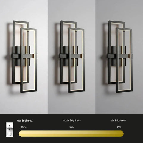 Sleek Black LED Wall Light Sconce 20W 1800 Lumen Triac Dimmable Indoor Fixture at various brightness levels, wall mounted