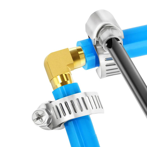 Heavy Duty Brass 90 Degree Elbow Fittings For Water Fuel And Air Systems 3/4 Inch Barb X Barb Hose Coupler With Clamps Super Quick Connect Kit on blue hose