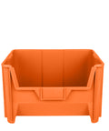 54 Pack Heavy Duty Plastic Stackable Hopper Bins 20 By 15 By 12 In Orange Industrial Bulk Storage Containers with Tough Grip Handles, orange bin.