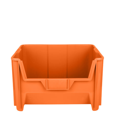 54 Pack Heavy Duty Plastic Stackable Hopper Bins 20 By 15 By 12 In Orange Industrial Bulk Storage Containers with Tough Grip Handles, orange bin.