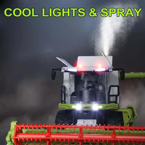 Totally Realistic RC Farm Tractor Toy For Kids With 2 4G Remote displaying lights and sprayer feature at night