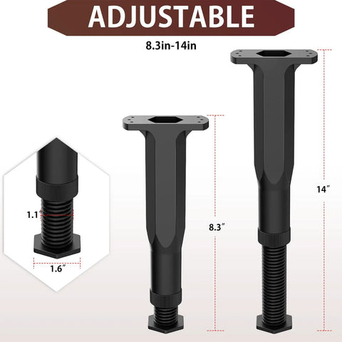 Adjustable Height Bed Frame Support Legs, Plastic Center Support Stands With Swivel Base, Heavy Duty Furniture Feet Replacement For Uneven Floors dimensions 8.3in to 14in.
