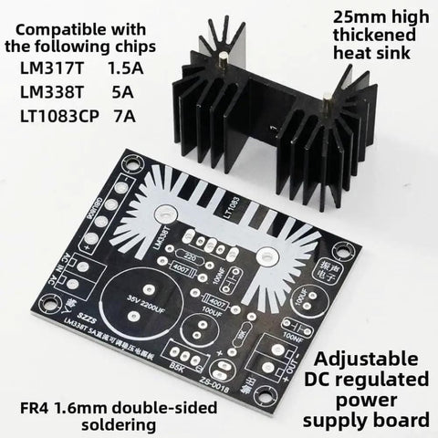 Power Up With This DC Adjustable Linear Regulated Power Supply Board 1.25 To 37 Volt 7 Amp Heavy Duty Heatsink For LM317 LM338T LT1083CP Compact PCB For Industrial Automation shown with heatsink and specs