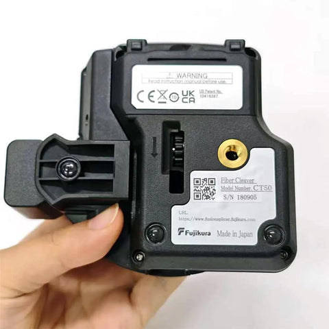 Back view of Heavy Duty CT50 Fiber Optic Cleaver and High Precision Cutting Knife Tool with model number and details, Made In Japan.