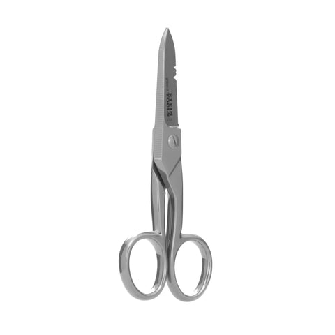 Electrician Scissors With Stripping Notches Nickel Plated 5.25 Inch Snips For Datacom Telecom Electrical And Heavy Duty Use Made In USA Built Tough For Pro Grade Worksite Reliability.