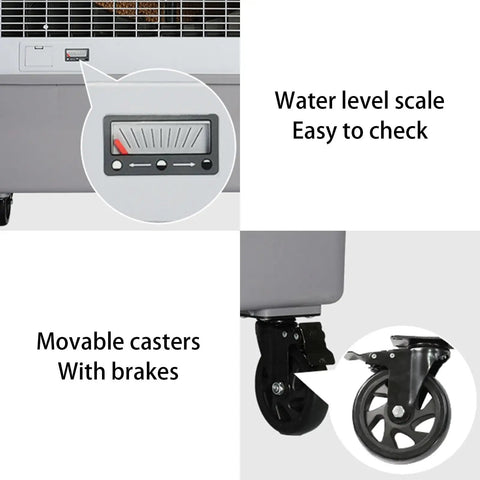 Portable Air Conditioner With Huge Water Tank And Seven Chill Modes, Evaporative Air Cooler For Room Or Workshop, Lightweight Abs Fan shows water level scale and movable casters.