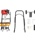 52CC Gas Powered Tiller Cultivator For Lawn And Garden with accessories including wheels, frame, toolkit, and manual