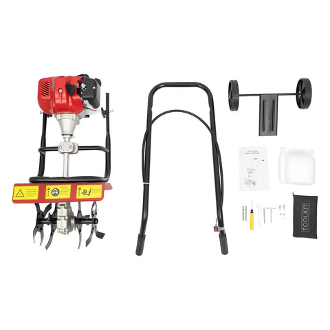 52CC Gas Powered Tiller Cultivator For Lawn And Garden with accessories including wheels, frame, toolkit, and manual
