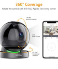 Indoor Security Camera 1080P HD WiFi 2.4G Only With 360 Degree View Night Vision shows camera rotation and Imou app on phone