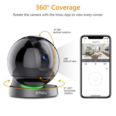 Indoor Security Camera 1080P HD WiFi 2.4G Only With 360 Degree View Night Vision shows camera rotation and Imou app on phone