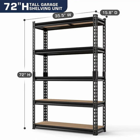 Five Tier Heavy Duty Metal Shelving Rack Featuring Fully Adjustable Levels Seventy Two Inches High By Thirty Six Inches Wide Hauls Up To Two Thousand Pounds For Garage Shop Bosses side view showing height and width dimensions.