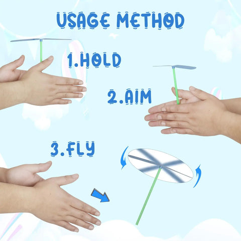 Flying Helicopter Toys Set With 50 Propellers And 50 Rods, Hand Start, showing usage method of hold, aim, and fly.