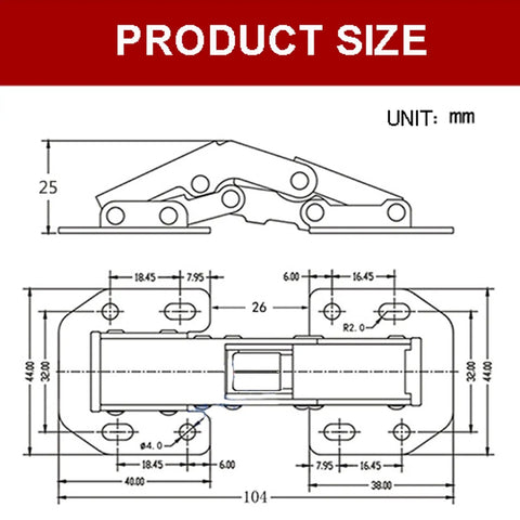Technical drawing of Stainless Steel Hydraulic Cabinet Door Hinges with Soft Close Dampers, 4 Pack, Eight Mounting Holes, dimensions in mm