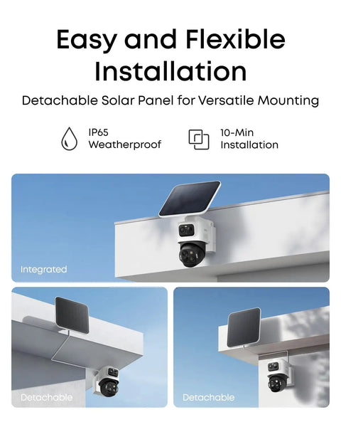 Two Camera Solar 4K Wireless Outdoor Security Kit with 360 Degree Coverage and Cross Cam Tracking mounted on roof edge