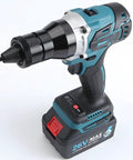 Portable Electric Automatic Rivet Nut Gun Kit with LED Lighting, 26V Battery Powered, shown in side view.