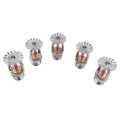 Heavy Duty Brass Upright Sprinkler Head For Fire Suppression Systems 1/2 Inch Dn15 68 Degree Activation Built Like A Tank Top Tier Fire Protection Gear Five Piece Pack, five units with brass and chrome components.