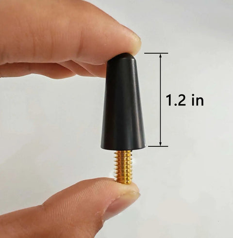 Ford 1.2 Inch Aluminum Short Antenna Replacement ultra compact rust resistant shown held in hand with size reference