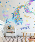 Homie Mermaid Wall Decals For Girls Nursery Room Decor featuring a purple mermaid tail and accent stickers on a nursery wall.