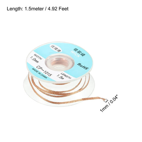 Desoldering Wick Braid For Electronics No Clean Solder Wick 0.04 Inch Wide 4.92 Feet Long on a spool with measurements visible