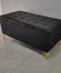 Black upholstered bench with heavy duty 6 inch triangle metal furniture legs set of four with rubber floor protectors gold finish