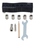 Knockout Centering Dowel Jig For Woodworkers With Rock Solid Aluminum Build and Dead Simple Alignment for vertical hole punching tools.