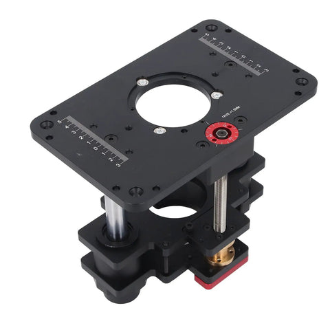 Heavy Duty Aluminum Router Lift With Easy Height Adjustment Table Insert And Template Cover Plate For Woodworking Projects, top view with height adjustment features.