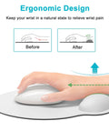 Ergonomic Mouse Pad With Memory Foam Wrist Rest For Pain Relief And Fatigue Reduction Ultra Smooth Surface And Non Slip Base Go To Choice For Gaming Office And Laptop Use White in use, illustrating ergonomic design benefits.