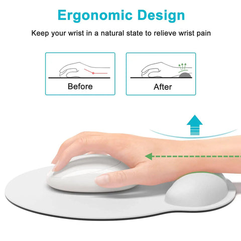 Ergonomic Mouse Pad With Memory Foam Wrist Rest For Pain Relief And Fatigue Reduction Ultra Smooth Surface And Non Slip Base Go To Choice For Gaming Office And Laptop Use White in use, illustrating ergonomic design benefits.