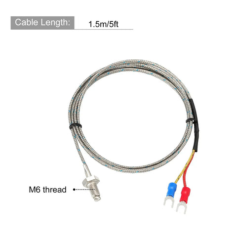 Coiled 2 Pack J Type Thermocouple Temperature Sensor Probes With M6 Thread, 5ft Lead, 0 to 750C (32 to 1382F) Range, Industry Grade