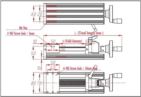 Beefy Manual Hand Wheel Linear Motion Stage With 100 200 300 400 500mm Stroke SFU1610 Ball Screw Sliding Table Module For CNC Machines Robotics And Automation Position Counter Included dimension drawing with hand wheel, screw holes, and travel labels