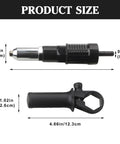 DIY Friendly Pro Grade Rivet Gun Adapter Kit With Drill Attachment showing dimensions and black aluminum body